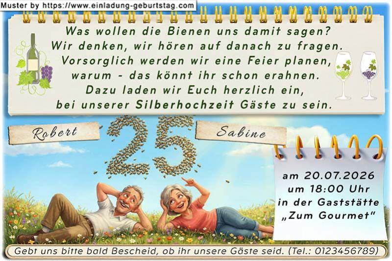 Die lustige Einladungskarte zur Silberhochzeit mit dem Paar auf einer Wiese und den Bienen, die die Zahl 25 bilden