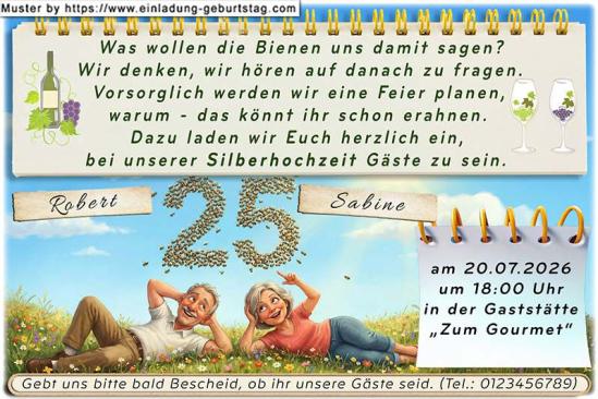 Die lustige Einladungskarte zur Silberhochzeit mit dem Paar auf einer Wiese und den Bienen, die die Zahl 25 bilden