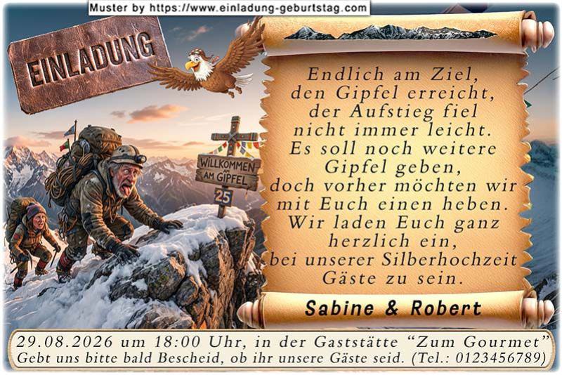 Die lustige Einladungskarte zur Silberhochzeit mit dem Paar, das auf dem 25-er Berggipfel ankommt