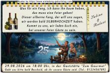 Die lustige Einladungskarte zur Silberhochzeit mit dem angelnden Paar, das die Zahl 25 am Haken hat
