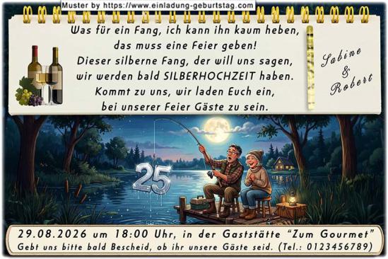 Die lustige Einladungskarte zur Silberhochzeit mit dem angelnden Paar, das die Zahl 25 am Haken hat