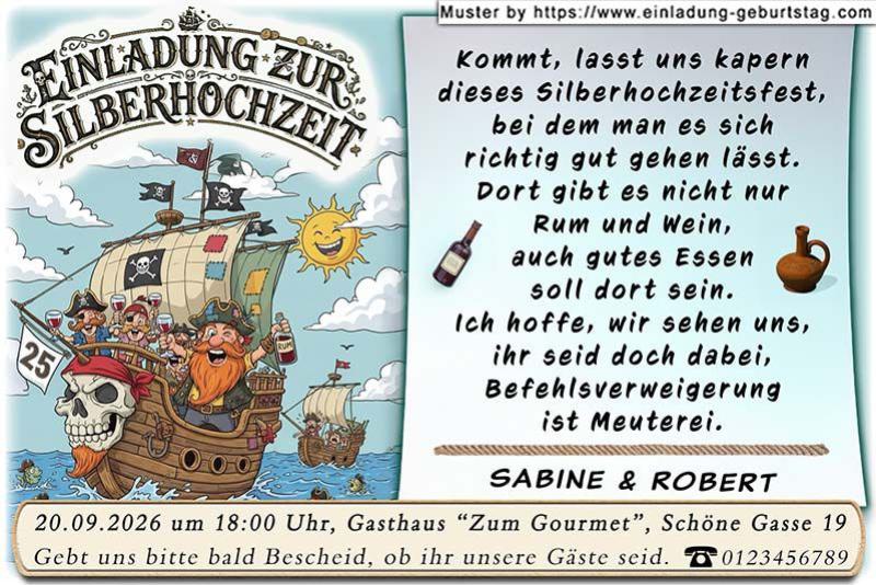 Die lustige Einladungskarte zur Silberhochzeit mit dem Piratenschiff Richtung Feier