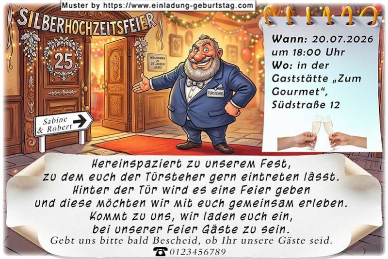 Die lustige Einladungskarte zur Silberhochzeit mit dem freundlichen Türsteher