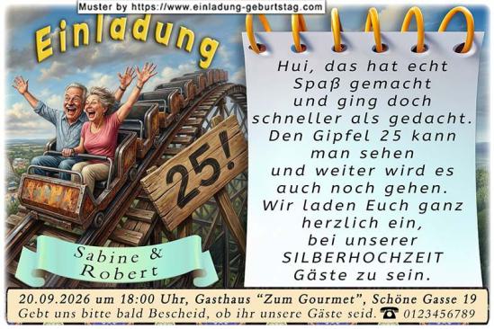 Die lustige Einladungskarte zur Silberhochzeit mit dem Paar auf dem Gipfel einer Achterbahn