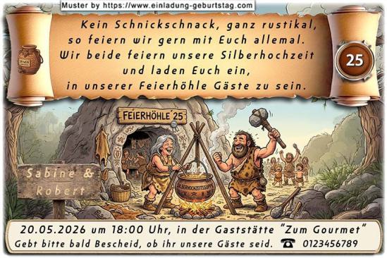 Die lustige Einladungskarte zur Silberhochzeit mit dem urzeitlichen Paar, das sich eine rustikale Feier wünscht