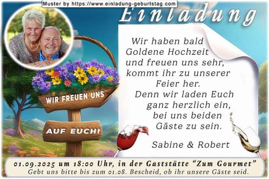 Einladung Goldene Hochzeit Foto rund ausgeschnitten über einem Blumenkorb