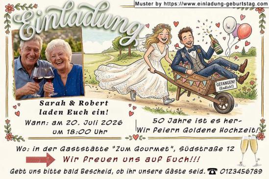 Einladung Goldene Hochzeit Foto neben einem lustigen Bild