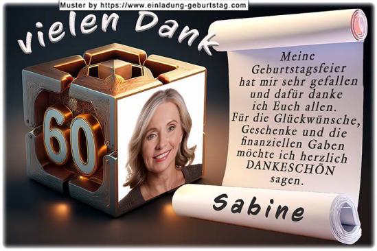 Die Dankeskarte zum Geburtstag mit Ihrem Foto und Ihrem Alter als Seiten eines originellen Würfels. Ihr Text wird in eine Schriftrolle eingesetzt.
