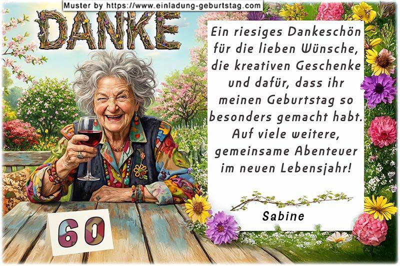 Die Dankeskarte zum Geburtstag mit der lustigen mit einem Auge zwinkernden Frau, die ein Weinglas in der Hand hält.
