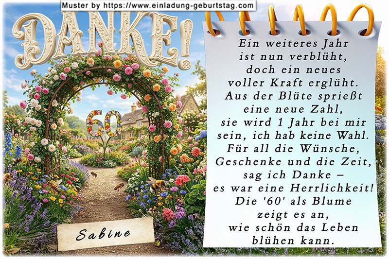 Die Dankeskarte zum Geburtstag mit dem Rosenbogen, durch den man eine besondere Blume sehen kann. Diese hat die Form Ihres Alters.