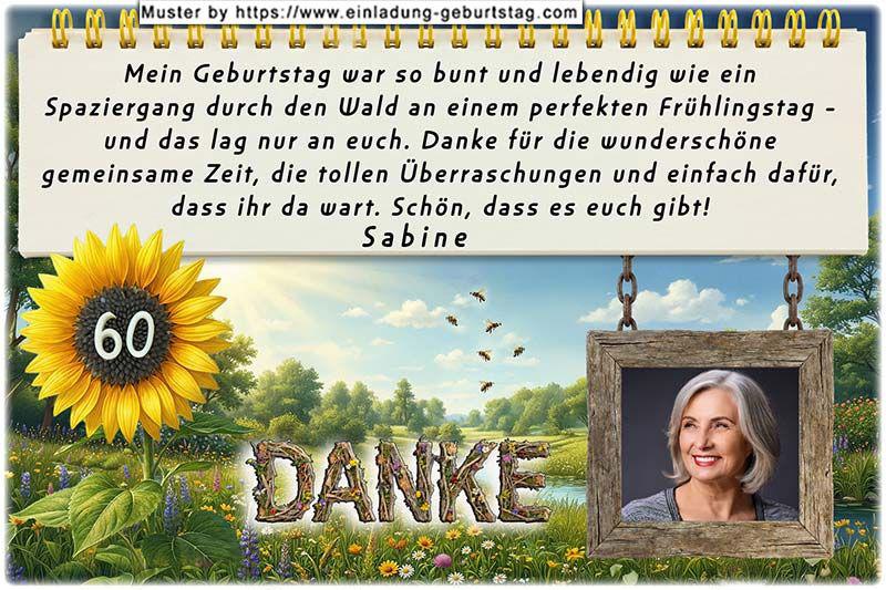 Die Dankeskarte zum Geburtstag mit Ihrem Foto in einem rustikalen Holzrahmen, das am Textfeld hängt. In einer Sonnenblume befindet sich Ihr Alter.