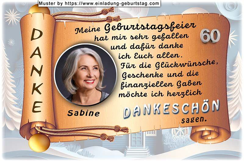 Die Dankeskarte zum Geburtstag mit Ihrem Foto rund ausgeschnitten auf einer goldenen Textrolle, die Ihren Danksagungstext enthält.