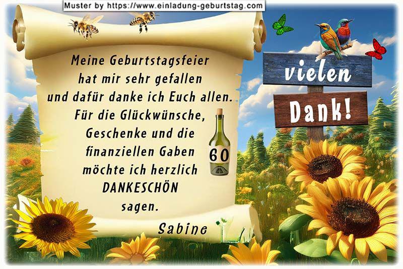 Die Dankeskarte zum Geburtstag mit Ihrem Alter auf dem Etikett einer Weinflasche vor einem Feld voller Sonnenblumen.