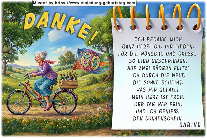 Die Dankeskarte zum Geburtstag mit der Frau, die im Park mit dem Fahrrad fährt. Am Gepäckträger befindet sich eine Fahne mit Ihrem Alter.