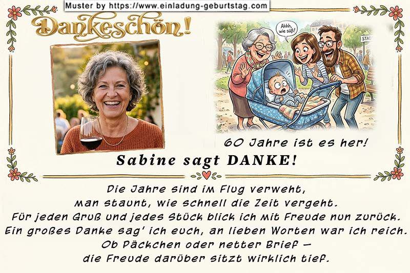 Die lustige Dankeskarte zum Geburtstag mit Ihrem Foto neben der Karikatur eines Kinderwagens umgeben von Menschen – wie alles begann.