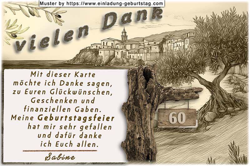 Die Dankeskarte zum Geburtstag im mediterranen Sepia Look. In ein Holzschild, das an einem Baum hängt, wird Ihr Alter eingesetzt, umgeben von Olivenbäumen.