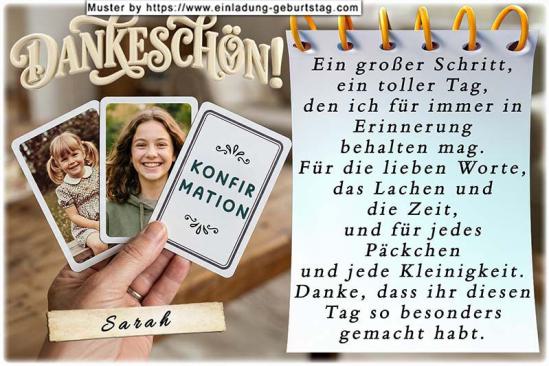 Die Dankeskarte zur Konfirmation mit 3 Spielkarten in einer Hand. 2 deiner Fotos werden auf 2 Spielkarten eingesetzt. Auf der 3. Spielkarte befindet sich das Wort Konfirmation.