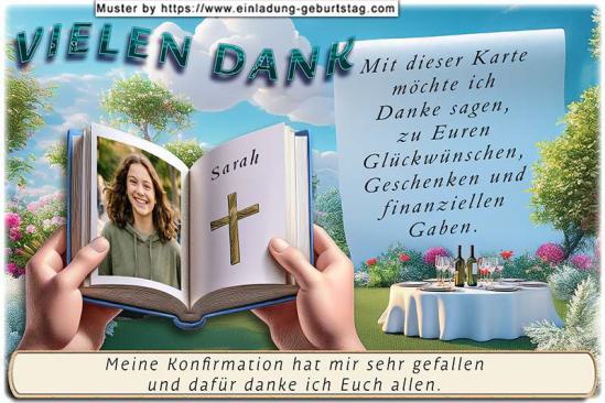 Die Dankeskarte zur Konfirmation mit deinem Foto als Seite eines aufgeschlagenen Buches - gehalten von 2 Händen.