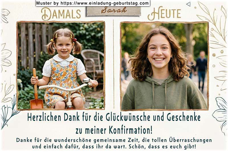 Die Dankeskarte zur Konfirmation mit 2 deiner Fotos (z.B. ein Kinderfoto und ein aktuelles Foto). Darüber befinden sich die Wörter Damals und Heute.