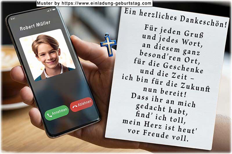 Die Danksagungskarte zur Konfirmation mit dem Handy, gehalten von einer Hand - auf dem Display befindet sich dein Foto und darüber dein Name. 