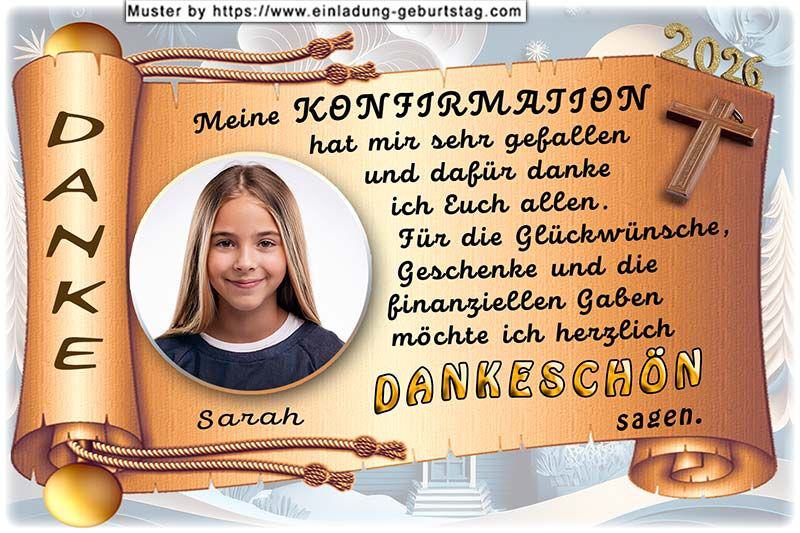 Die Danksagungskarte zur Konfirmation mit deinem Foto, rund ausgeschnitten und links in eine geschwungene Schriftrolle eingesetzt. Darunter befindet sich dein Name.
