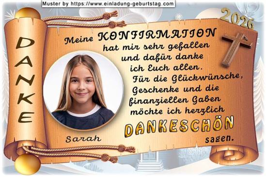 Die Danksagungskarte zur Konfirmation mit deinem Foto, rund ausgeschnitten und links in eine geschwungene Schriftrolle eingesetzt. Darunter befindet sich dein Name.