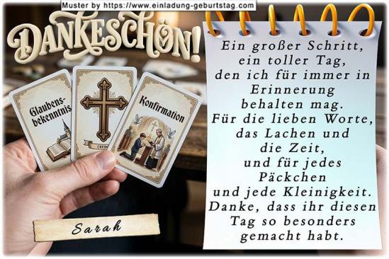 Die Danksagungskarte zur Konfirmation mit 3 Spielkarten in einer Hand - Glaubensbekenntnis, ein Kreuz und die Karte mit der Aufschrift Konfirmation. 