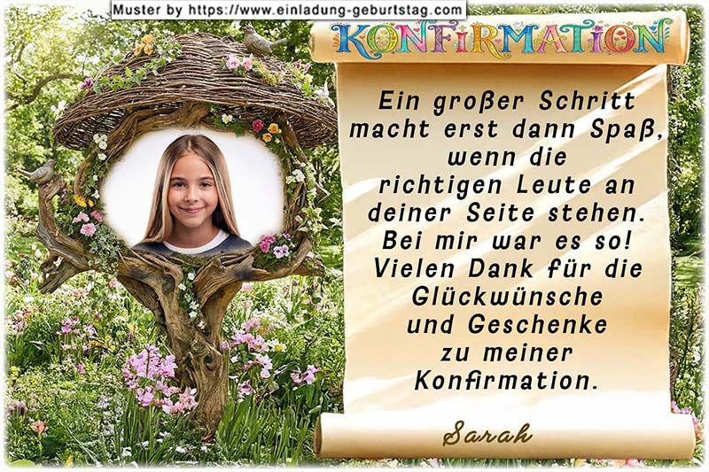 Die Danksagungskarte zur Konfirmation mit dem Baum, in den dein Foto umgeben von Blumen eingesetzt wird. 