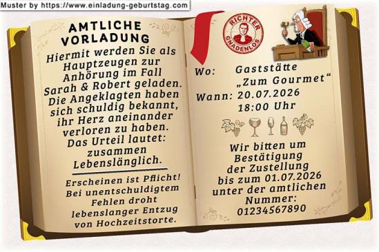 lustige Hochzeitseinladung mit witzigem änderbaren Text als amtliche Vorladung