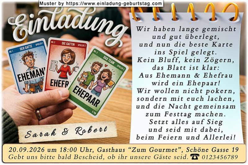 lustige Hochzeitseinladung mit witzigem änderbaren Text als spezielles Kartenspiel in einer Hand