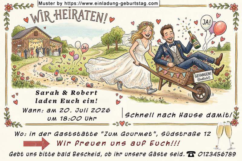 lustige Hochzeitseinladung mit witzigem änderbaren Text mit dem zukünftigen Ehemann in der Schubkarre