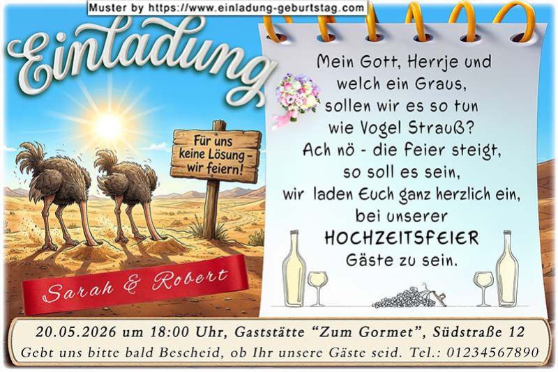 lustige Hochzeitseinladung mit witzigem änderbaren Text mit dem Straußenpaar, das die Köpfe in den Sand steckt