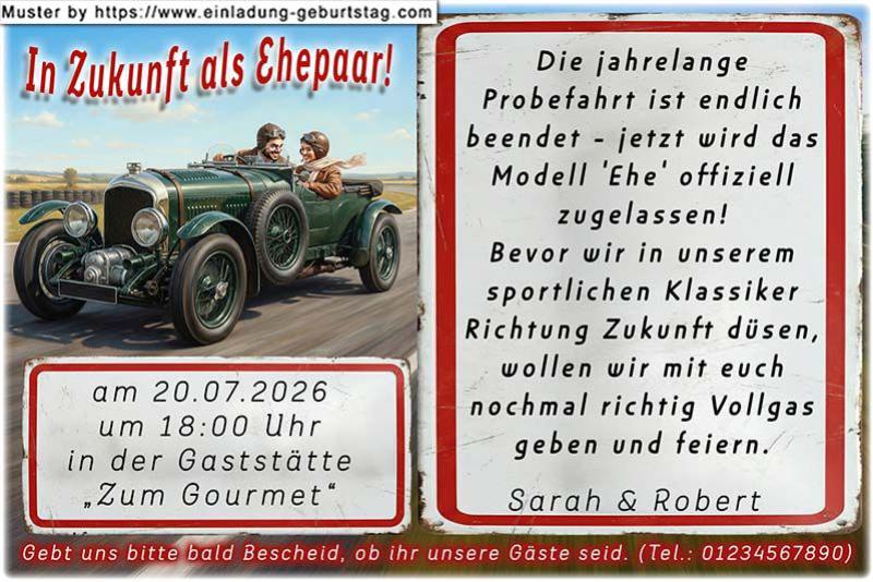 lustige Hochzeitseinladung mit witzigem änderbaren Text mit dem originellen Oldtimer