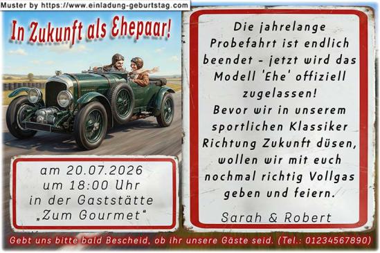lustige Hochzeitseinladung mit witzigem änderbaren Text mit dem originellen Oldtimer