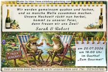 lustige Hochzeitseinladung mit witzigem änderbaren Text mit dem Froschpaar