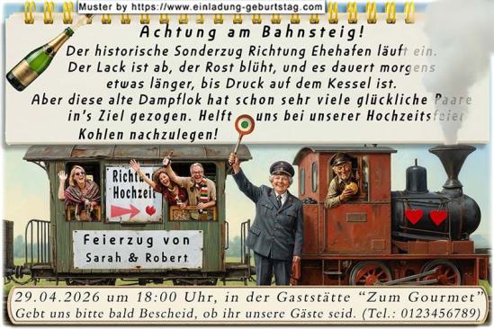 lustige Hochzeitseinladung mit witzigem änderbaren Text mit dem Sonderzug