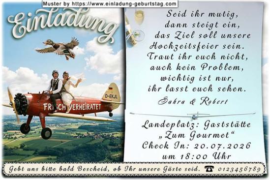 lustige Hochzeitseinladung mit witzigem änderbaren Text mit dem Paar, das auf einem Flugzeug sitzt