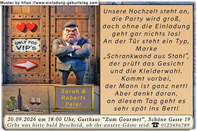 lustige Hochzeitseinladung mit witzigem änderbaren Text mit dem Türsteher