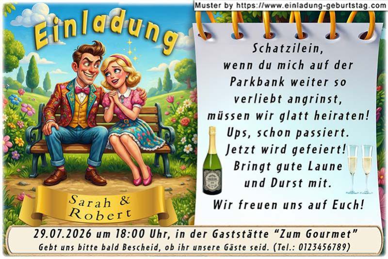 lustige Hochzeitseinladung mit witzigem änderbaren Text mit dem verliebten Paar