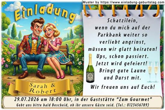 lustige Hochzeitseinladung mit witzigem änderbaren Text mit dem verliebten Paar