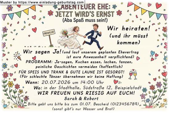 lustige Hochzeitseinladung mit witzigem änderbaren Text mit dem eiligen Paar auf dem Weg zum Standesamt
