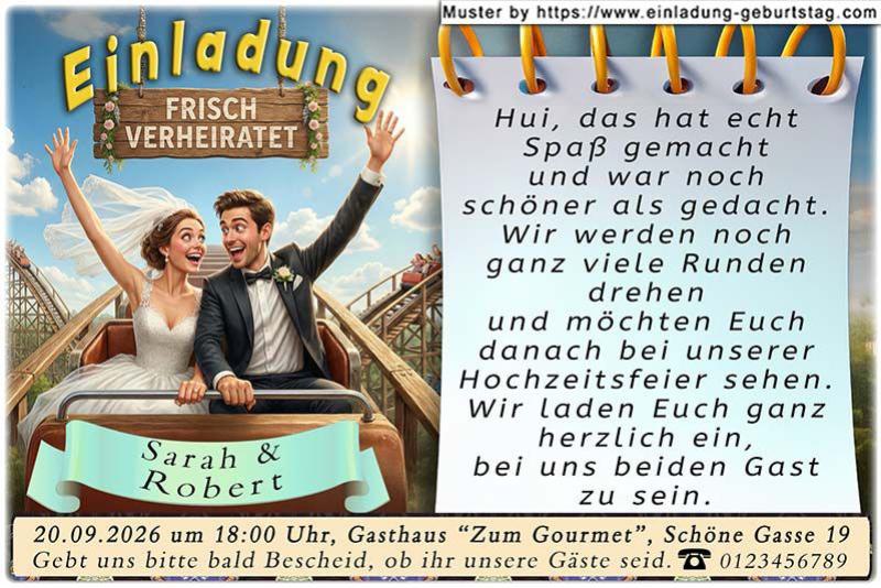 lustige Hochzeitseinladung mit witzigem änderbaren Text mit dem Paar in der Achterbahn