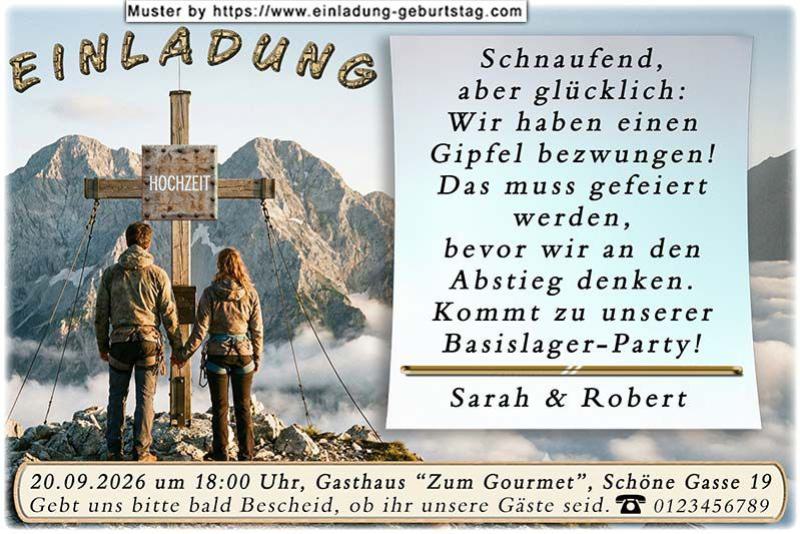 lustige Hochzeitseinladung mit witzigem änderbaren Text mit dem Paar am Gipfelkreuz