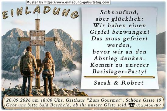 lustige Hochzeitseinladung mit witzigem änderbaren Text mit dem Paar am Gipfelkreuz