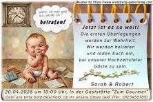 lustige Hochzeitseinladung mit witzigem änderbaren Text mit dem nachdenklichen Baby
