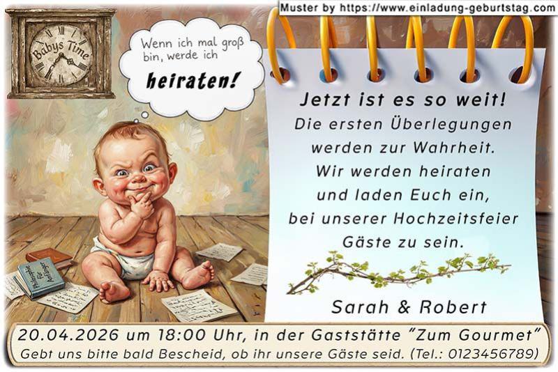 lustige Hochzeitseinladung mit witzigem änderbaren Text mit dem nachdenklichen Baby