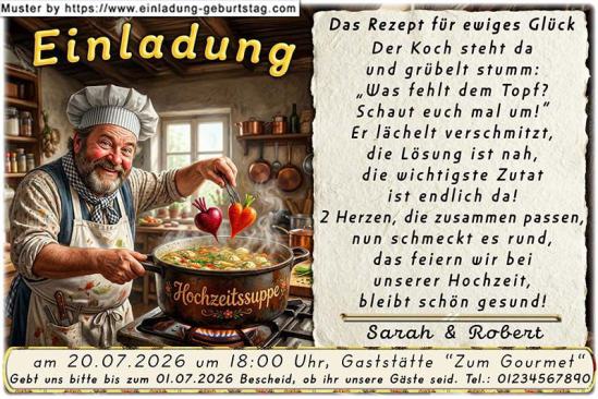lustige Hochzeitseinladung mit witzigem änderbaren Text mit dem Koch und der besonderen Zutat