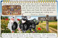 lustige Hochzeitseinladung mit witzigem änderbaren Text mit der Kuh und dem Bullen