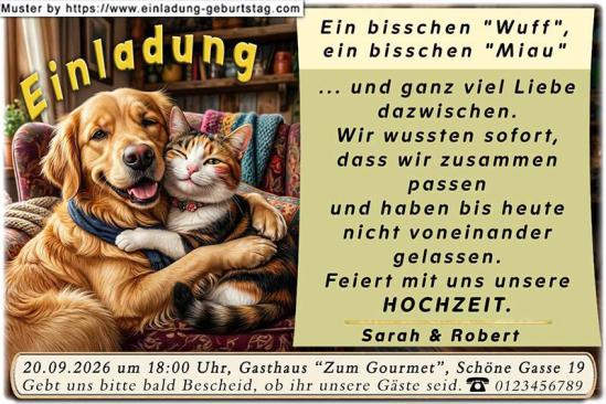 lustige Hochzeitseinladung mit witzigem änderbaren Text mit Hund und Katze