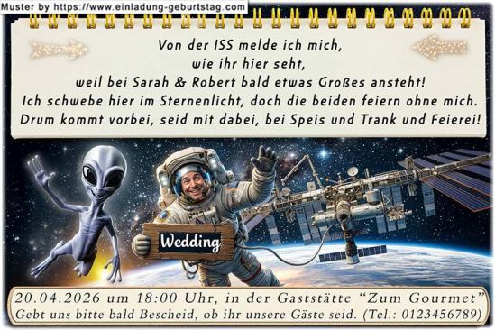 lustige Hochzeitseinladung mit witzigem änderbaren Text mit dem Astronauten im Weltraum